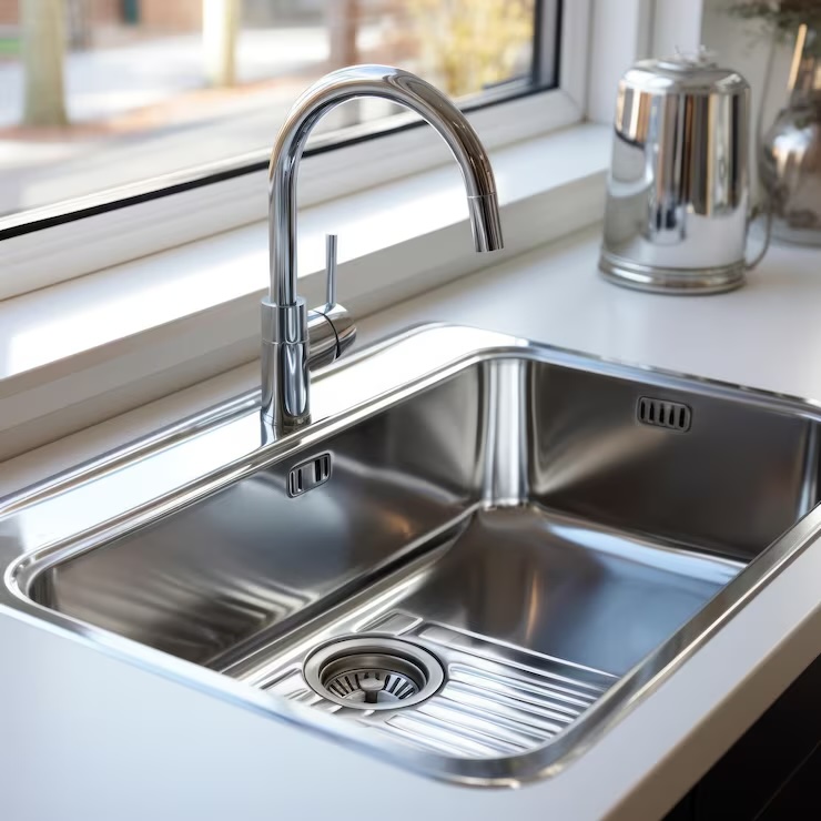 Stainless steel sink shining after vinegar treatment